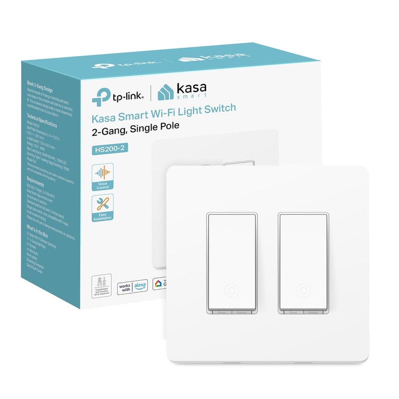 Kasa Smart مفتاح 2-جهاز HS200-2، قطب واحد، يتطلب سلك محايد، مفتاح ضوء واي فاي 2.4GHz متوافق مع أليكسا وجوجل هوم، معتمد من UL، لا حاجة إلى محور، أبيض - Image 1
